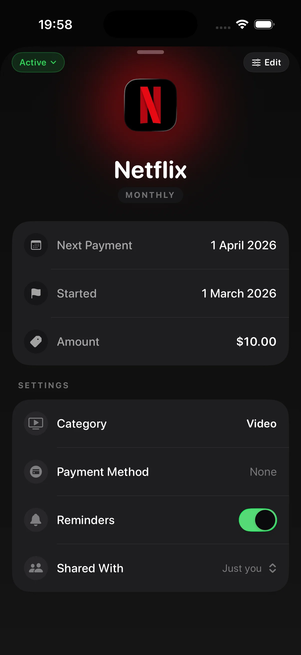 Trackery Netflix subscription detail view showing renewal date and price